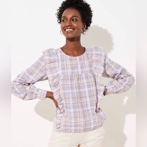 Loft Plaid Ruffle Crew Neck Puff Sleeve Blouse